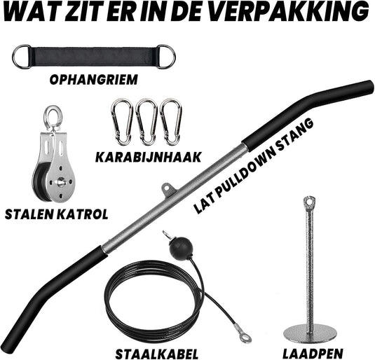 Système de câbles de fitness avec barre de tirage de 100 cm et poulie pour la musculation à domicile - entraînement des muscles du dos - accessoires pour poulie latérale