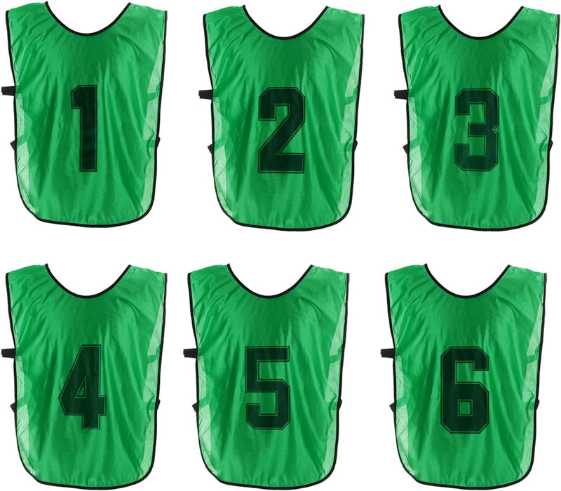 Laad afbeelding in Galerijviewer, Voetbal trainingshesjes 6 stuks genummerd 1 tot 6 voor volwassenen – teamvesten – sporthesjes
