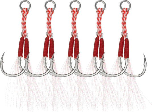 Dubbele assist vishaken 5 stuks maat 13 met glow draad – jigging haken – visaccessoires