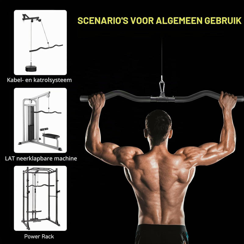 Carica l’immagine nel visualizzatore della galleria, Barra per lat machine in acciaio con 3 punti di fissaggio e impugnature antiscivolo – barra per cavi – allenamento della schiena
