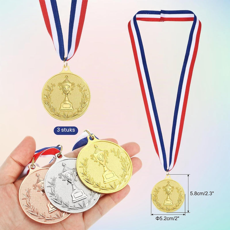 Load image into Gallery viewer, Gouden medailles met neklint 3 stuks 5,8 x 5,2 cm – winnaarsmedailles – sport en wedstrijd prijzen
