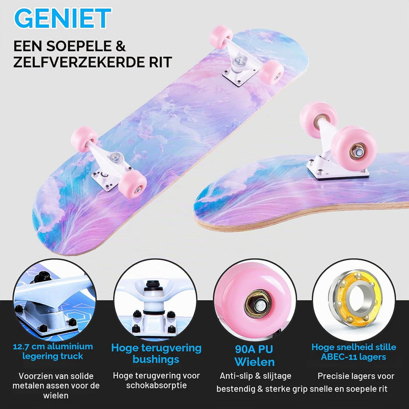 Laden Sie das Bild in Galerie -Viewer, Compleet skateboard 70 x 20 cm met 8-laags esdoorn deck en ABEC-11 lagers – double kick skateboard
