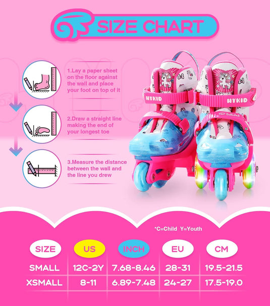 Rolschaatsen voor peuters (3-9 jaar), verstelbaar, leuke verlichting, veiligheid, 3-puntsbalans, beginnersrolschaatsen (eenhoorn, roze, 25-28)