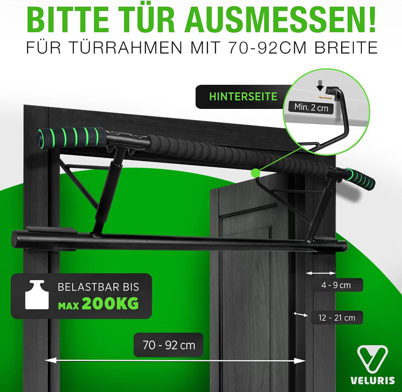 Laad afbeelding in Galerijviewer, Veluris Optrekstang voor deurkozijnen - Zware optrekstang [tot 200 kg] - Deurstang zonder montage - 20 cm hoger in het kozijn - Ook voor dips en push-ups (rond)
