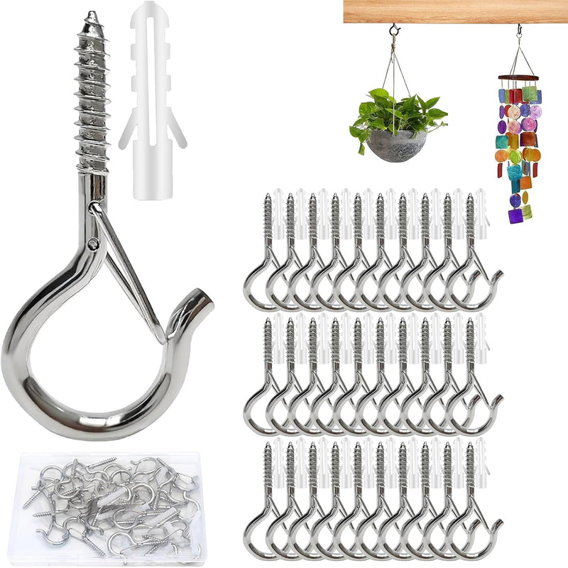 Laden Sie das Bild in Galerie -Viewer, 30 stuks schroefhaken, plafondhaken met veiligheidsgesp, metalen haken voor het ophangen van planten, vogelhuisjes, windgong, bevestiging van kerstverlichting buiten (Goud)
