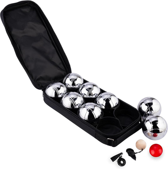 Bocce ball set with 8 metal balls, 74 mm, including carrying bag and measuring tape – pétanque – outdoor games