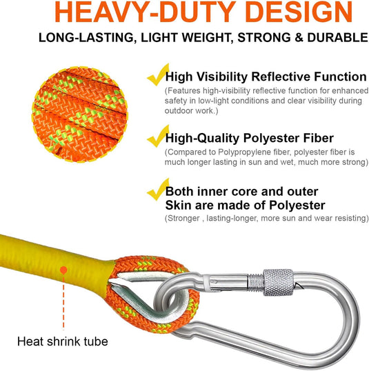Statisch klimtouw 70 m x 8 mm – met 2 stalen karabijnhaken – outdoor touw voor bergbeklimmen, camping en wandelen – oranje