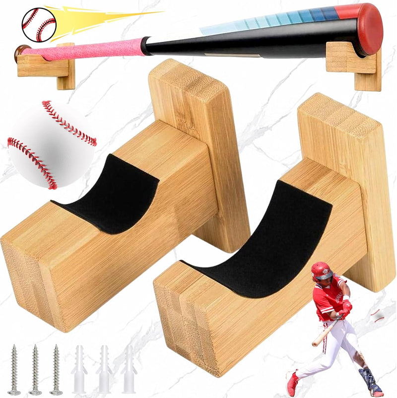 Load image into Gallery viewer, 2 pieces baseball bat holder, horizontally displayed, handmade solid wood baseball bat holder with felt lining and racket wall mount

