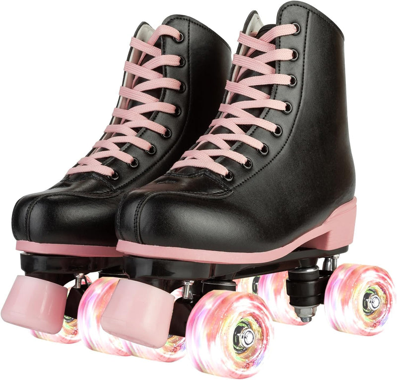 Laad afbeelding in Galerijviewer, Rolschaatsen voor vrouwen meisjes zwarte roller derby skates volwassen dubbele rij lichtgevende schaatsen voor jeugd volwassen beginner (Eur 99-24 cm - UK: Dames 5,5 / Heren 5)
