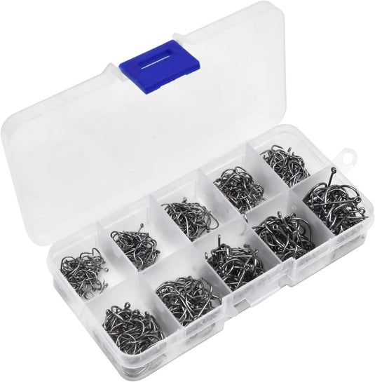 Hameçons de pêche, 500 pièces en acier au carbone, en 10 tailles, avec ardillons et boîte de rangement – hameçons pour appâts – équipement de pêche