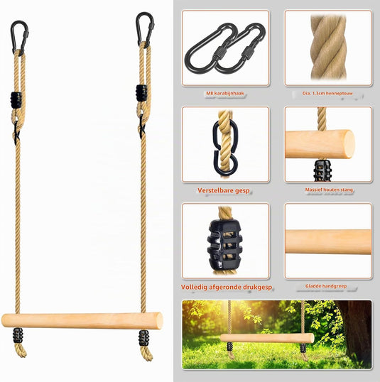 Houten trapezestang voor kinderen 42 cm met verstelbare ophangtouwen – turnschommel – speeltoestel