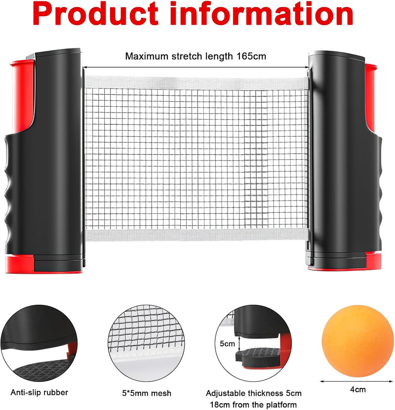 Charger l’image dans la visionneuse de galerie, Filet de tennis de table rétractable jusqu’à 165 cm avec 5 balles de ping-pong et fixation réglable pour table – accessoires de ping-pong – jeu de tennis de table
