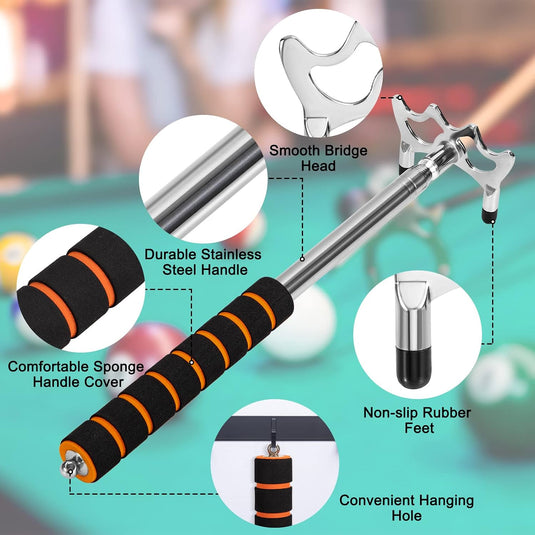 Billiard Cue Extendable Billiard Cue with 3 Pieces Detachable Brass Bridge Head Bridge Holder Billiard Accessories for Billiard Table, Snooker, Game, Match (Silver)