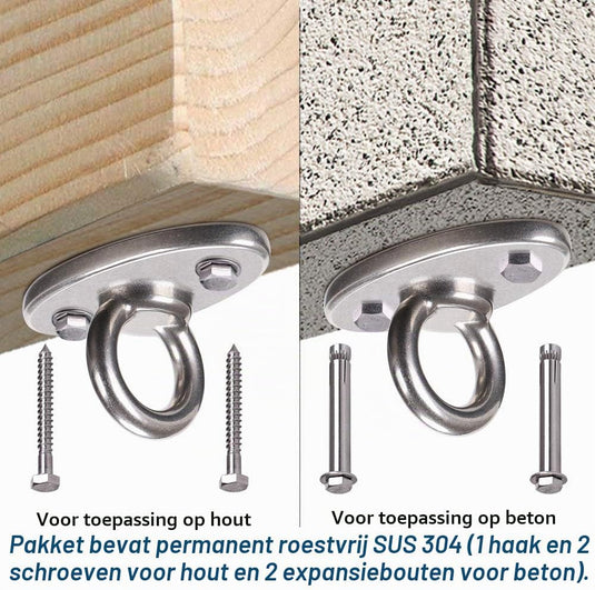 Plafond ophangbeugel van roestvrij staal met gesloten U-ring voor schommels en hangmatten – plafondhaak – bokszakbevestiging