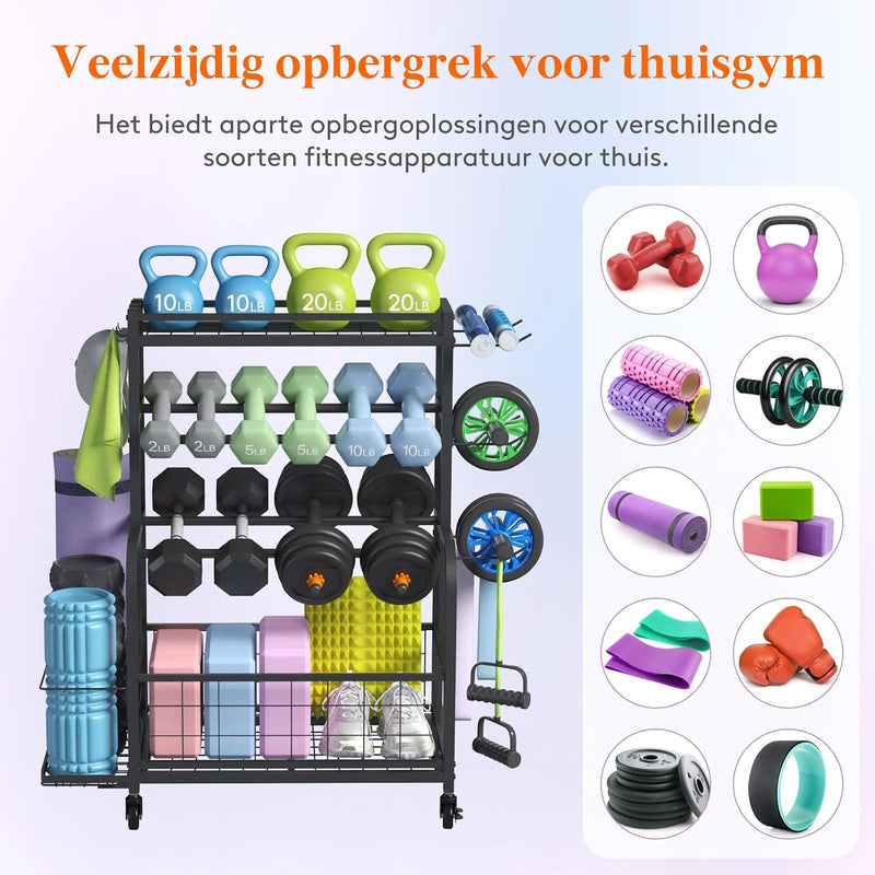 Laad afbeelding in Galerijviewer, Home gym opbergrek met wielen voor dumbbells en fitnessaccessoires
