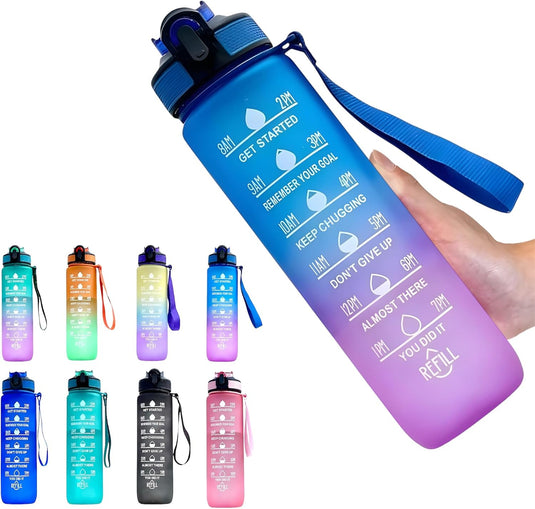 Waterfles met rietje en tijdmarkering 1 liter