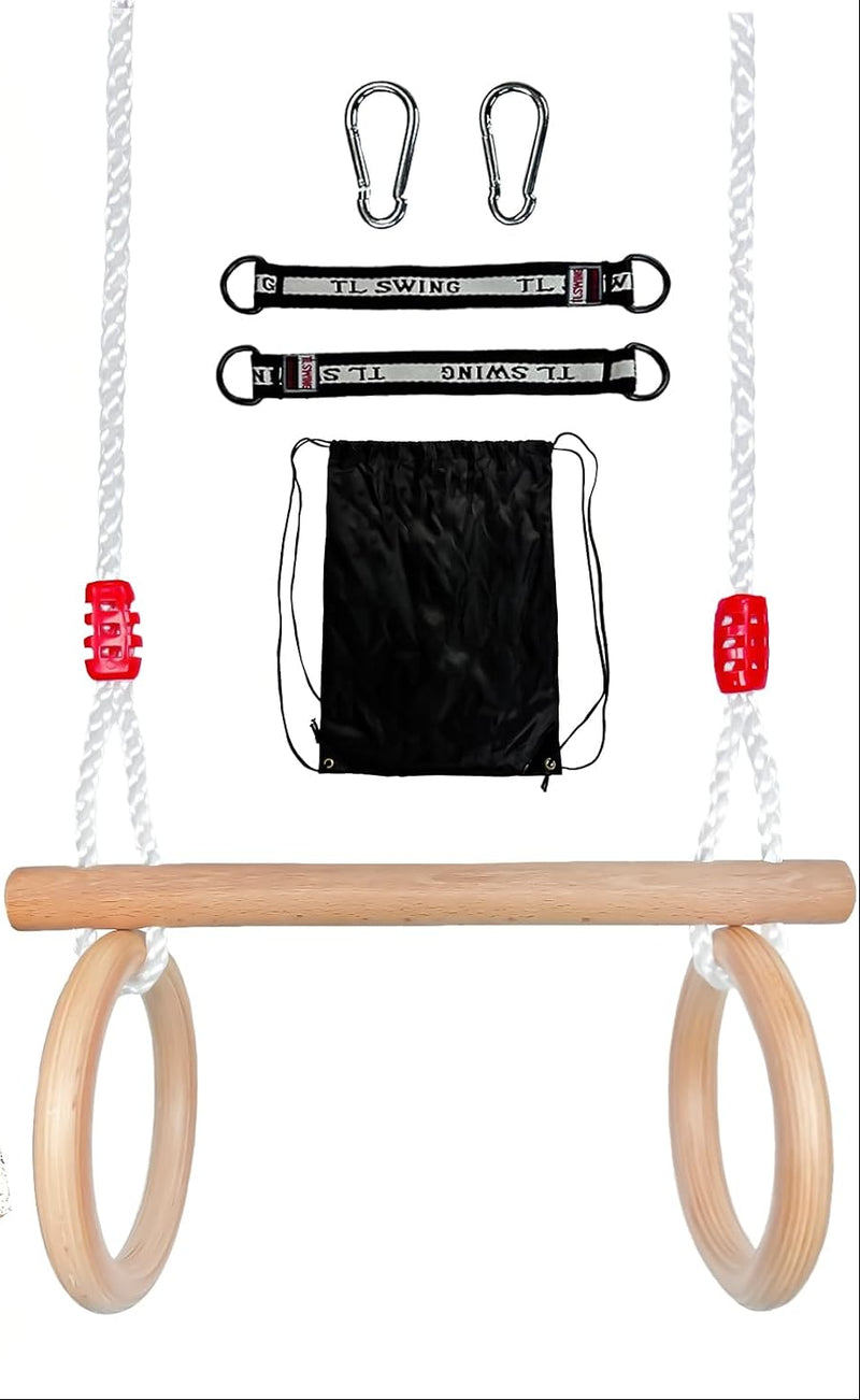 Load image into Gallery viewer, Trapezeschommel met gymnastiekringen en verstelbare touwen tot 100 kg – houten turnschommel

