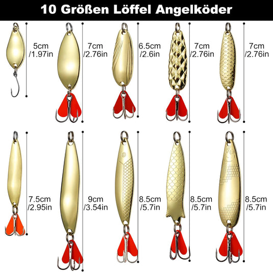 Metalen vislepels set van 10 stuks 5 g en 8 g