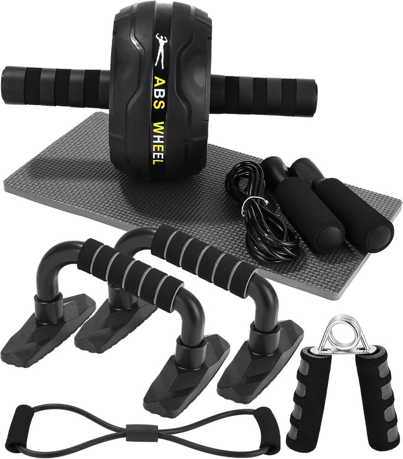 Laad afbeelding in Galerijviewer, Fitness trainingsset 6-in-1 met ab roller springtouw en push-up bars – fitness set – buikspiertrainer
