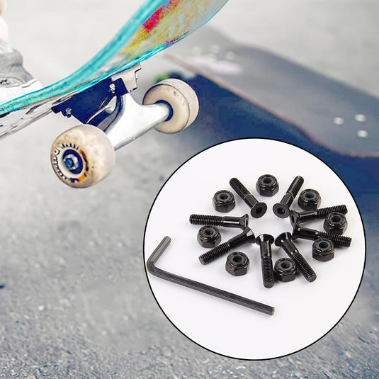 Skateboard schroeven met moeren en sleutel 8 stuks zwart – truck montagebouten – skate accessoires