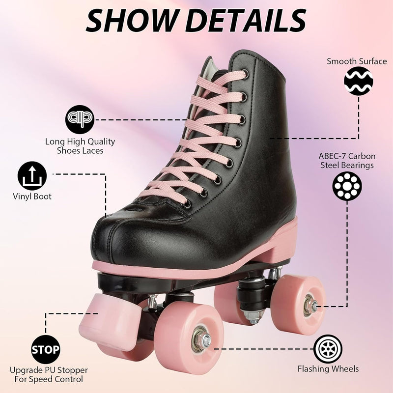 Laad afbeelding in Galerijviewer, Rolschaatsen voor vrouwen meisjes zwarte roller derby skates volwassen dubbele rij lichtgevende schaatsen voor jeugd volwassen beginner (Eur 99-24 cm - UK: Dames 5,5 / Heren 5)
