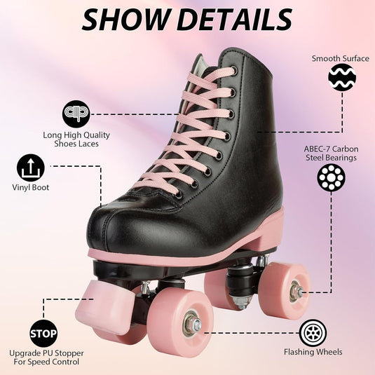 Rolschaatsen voor vrouwen meisjes zwarte roller derby skates volwassen dubbele rij lichtgevende schaatsen voor jeugd volwassen beginner (Eur 99-24 cm - UK: Dames 5,5 / Heren 5)