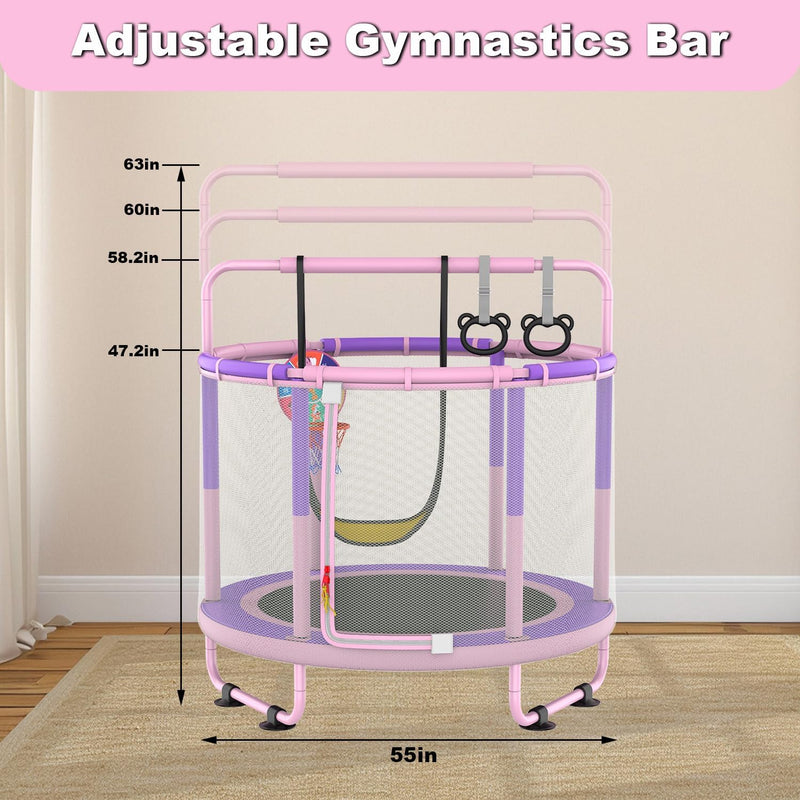 Załaduj obraz do przeglądarki galerii, CZCPAPY Trampoline voor kinderen, outdoor trampoline voor binnen en buiten, met veiligheidsnet, mand, stangen, schommels, cadeau voor kinderen (roze-paars)

