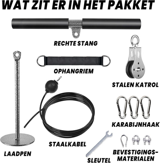Système de câbles de fitness avec barre de traction droite de 40 cm et câble en acier réglable - tirage vertical - accessoires pour salle de sport à domicile