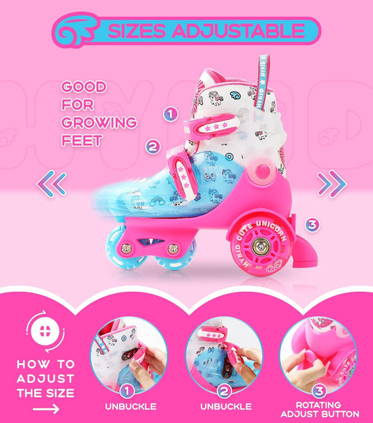 Rolschaatsen voor peuters (3-9 jaar), verstelbaar, leuke verlichting, veiligheid, 3-puntsbalans, beginnersrolschaatsen (eenhoorn, roze, 25-28)
