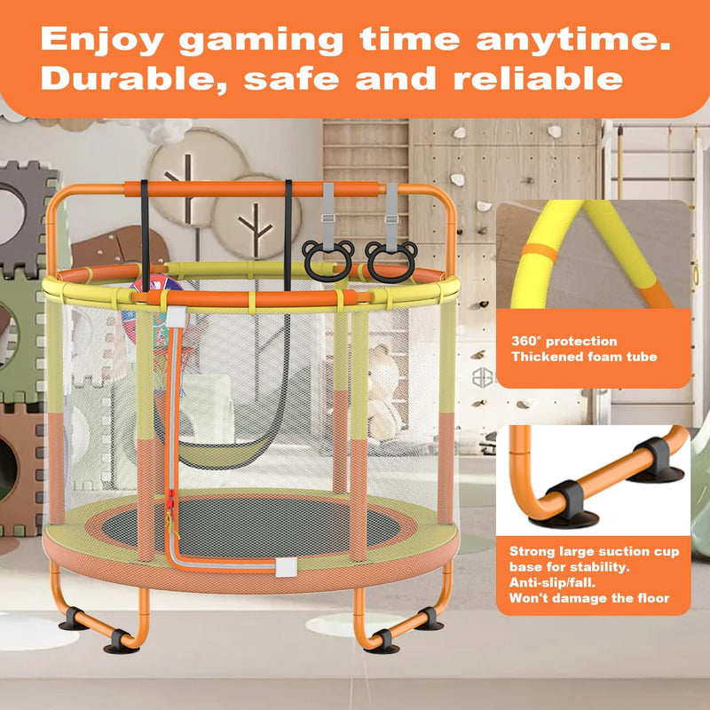 Załaduj obraz do przeglądarki galerii, Kindertrampoline met veiligheidsnet schommel en basketbalmand geeloranje – trampoline – indoor outdoor
