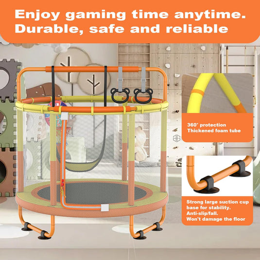 Kindertrampoline met veiligheidsnet schommel en basketbalmand geeloranje – trampoline – indoor outdoor