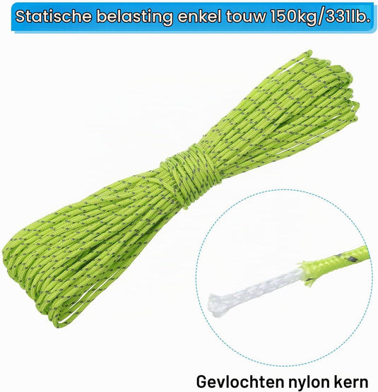 Reflecterend tentkoord 20 meter x 2 mm fluorescerend groen – scheerlijn – camping touw