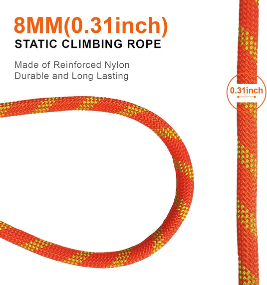 Statisch klimtouw 70 m x 8 mm – met 2 stalen karabijnhaken – outdoor touw voor bergbeklimmen, camping en wandelen – oranje