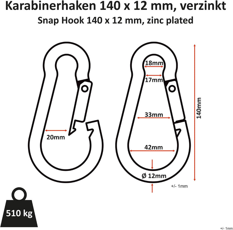 Load image into Gallery viewer, C.P. Sports Karabijnhaken, 80 x 8 mm belastbaar tot 230 kg, 60 x 6 mm belastbaar tot 150 kg, 1-60 stuks, 100 x 10 mm, 140 x 12 mm
