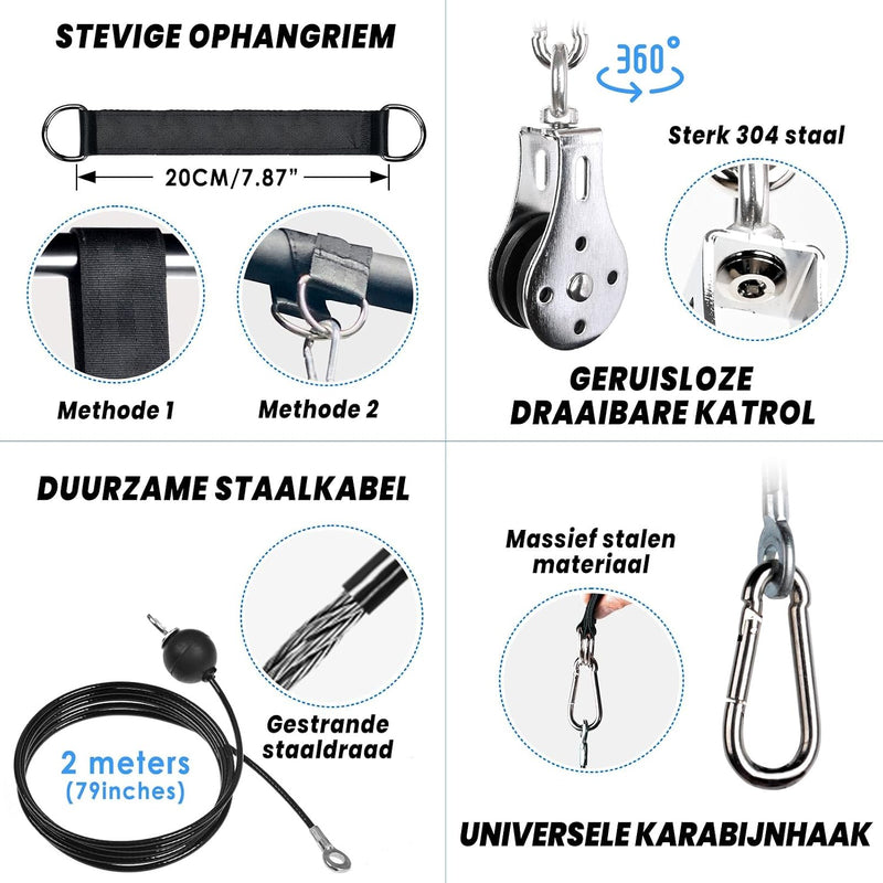 Charger l’image dans la visionneuse de galerie, Système de câbles de fitness avec poulie, barre droite et corde pour triceps pour la musculation – machine à câbles – entraînement à la poulie
