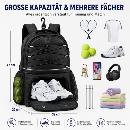 Tennisrugzak met schoenenvak voor 2 rackets zwart
