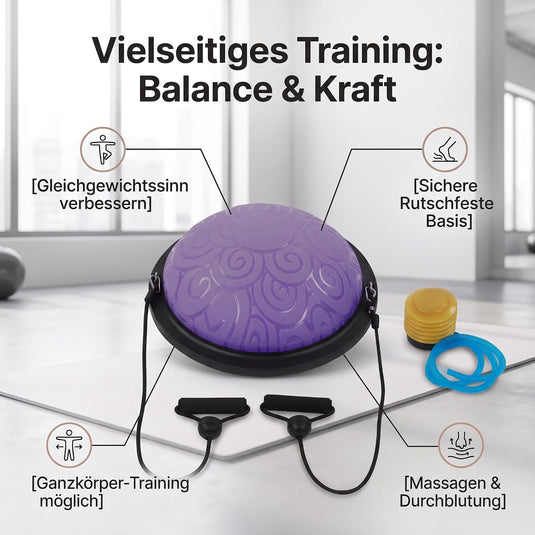 Balanstrainer 46 cm met weerstandsbanden – antislip halve bal – core training – evenwichtstraining