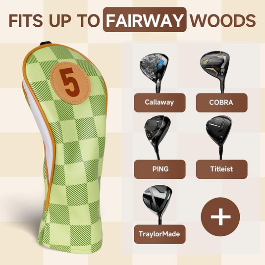 Golfclub-Schutzhüllen, 4 Stück, mit Schachbrettmuster aus Kunstleder, für Driver, Fairwayholz und Hybrid – Golf-Cover – Clubhüllen