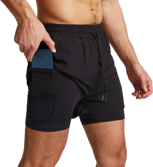 Sportshort heren 2-in-1 met compressiebroek en zakken met ritssluiting – hardloopbroek – fitnesskleding