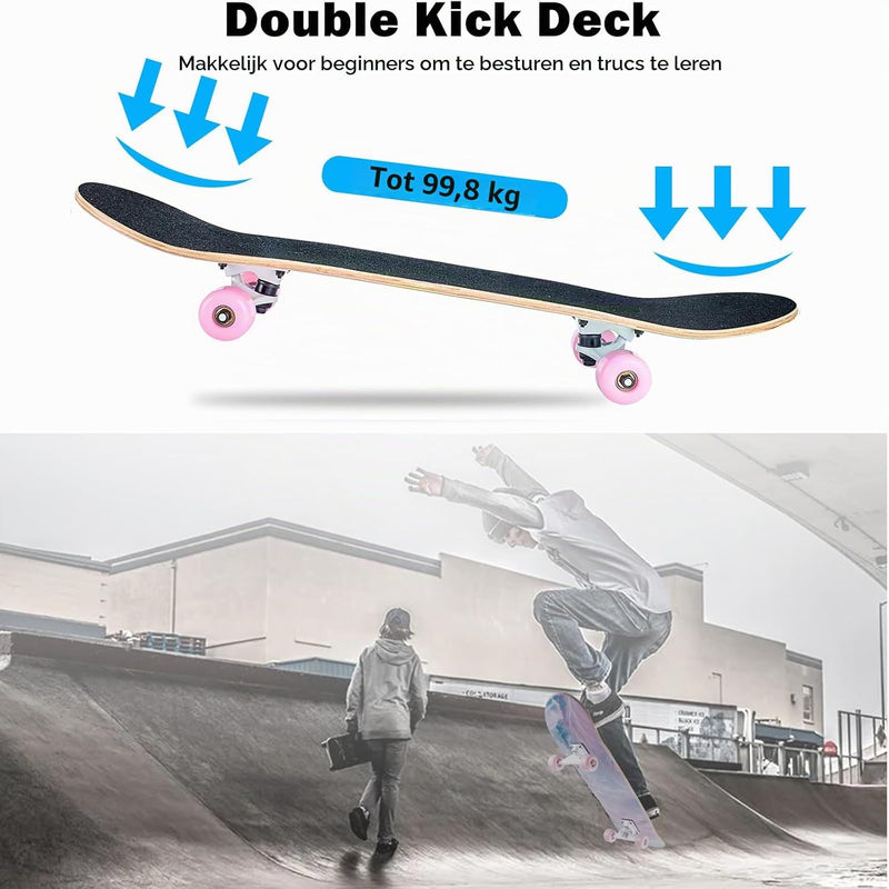 Laden Sie das Bild in Galerie -Viewer, Compleet skateboard 70 x 20 cm met 8-laags esdoorn deck en ABEC-11 lagers – double kick skateboard
