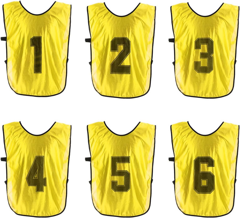 Laad afbeelding in Galerijviewer, Voetbal trainingshesjes 6 stuks genummerd 1 tot 6 voor volwassenen – teamvesten – sporthesjes
