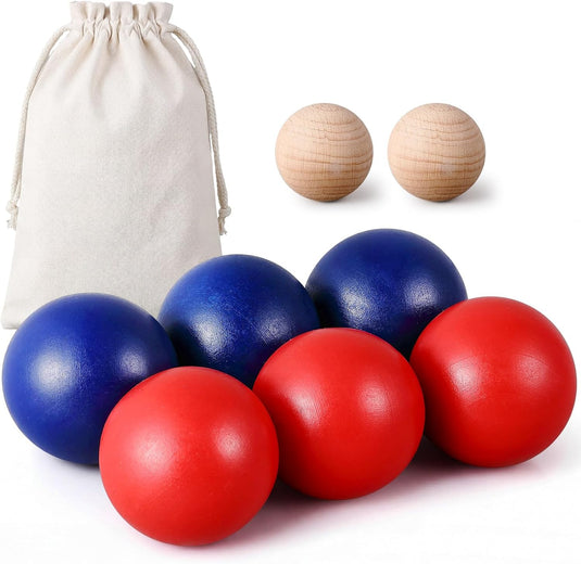Jeu de boules en bois avec 6 boules de 7 cm, dont 2 cochonnets, et un sac de transport – pétanque – jeu de précision