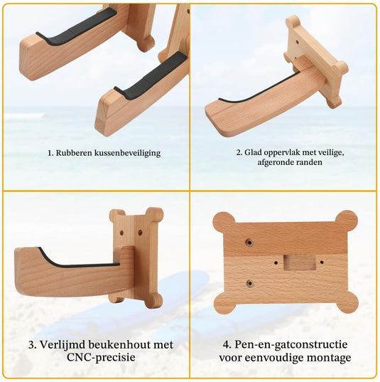 Surfboard wandhouder van beukenhout met 17,8 cm steunarmen – verticale boardhouder – surf accessoires