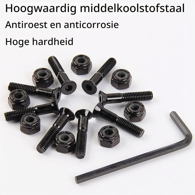 Load image into Gallery viewer, Skateboard schroeven met moeren en sleutel 8 stuks zwart – truck montagebouten – skate accessoires
