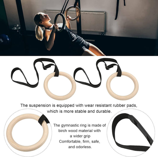Anneaux de gymnastique en bois, 2 pièces, en bouleau avec sangles de suspension réglables – anneaux de gymnastique – calisthénie