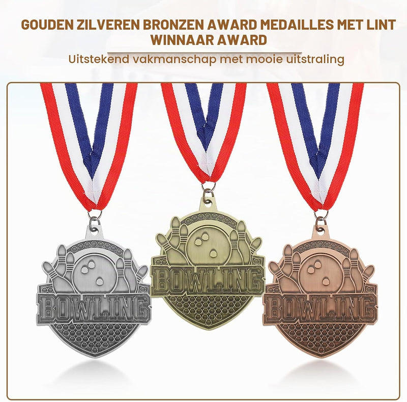 Chargez l'image dans la visionneuse de la galerie, Bowling medailles 3 stuks goud zilver brons met neklinten – sportmedailles – prijzen en trofeeën
