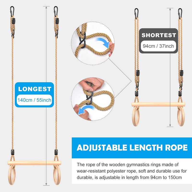 Charger l’image dans la visionneuse de galerie, Trapèze pour enfants avec barre de gymnastique en bois et anneaux – jouet de gymnastique – balançoire à grimper
