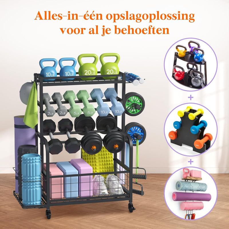 Laad afbeelding in Galerijviewer, Home gym opbergrek met wielen voor dumbbells en fitnessaccessoires

