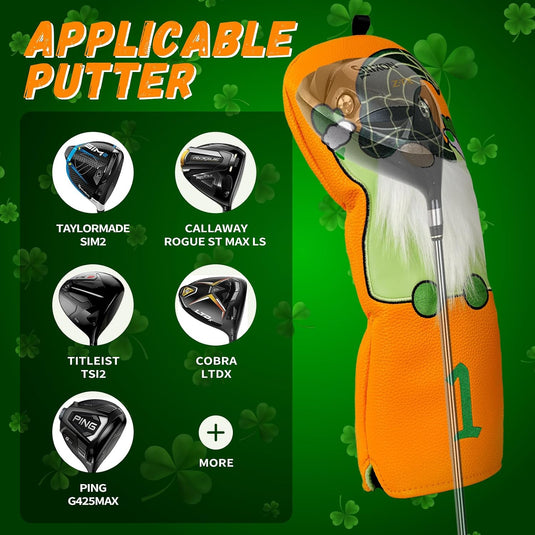 Golfclub beschermhoes van kunstleer met Ierse kabouter voor driver en houten golfclubs – golfheadcover – golfdecoratie