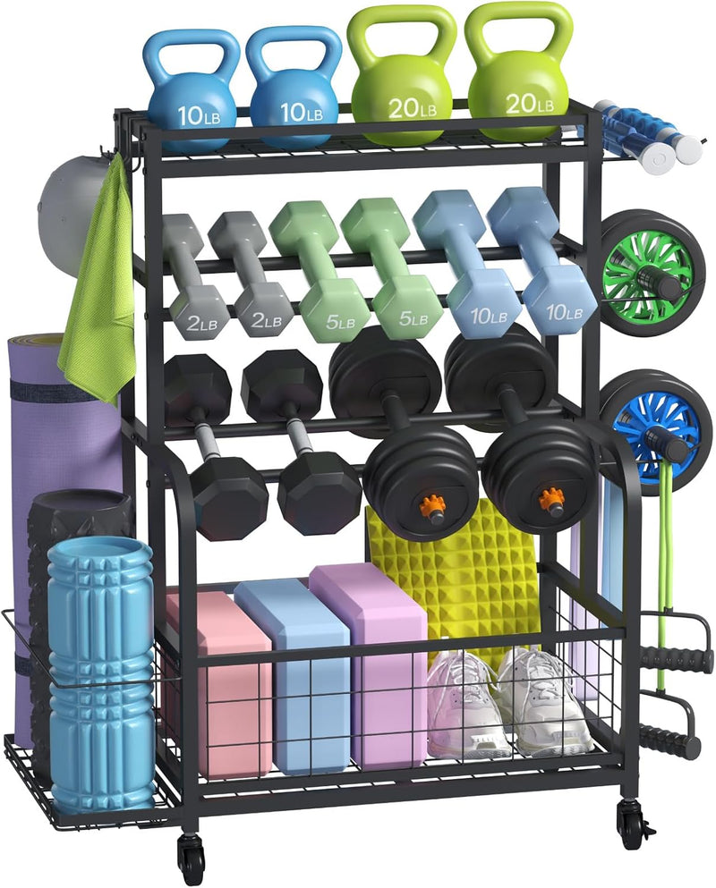 Laad afbeelding in Galerijviewer, Home gym opbergrek met wielen voor dumbbells en fitnessaccessoires
